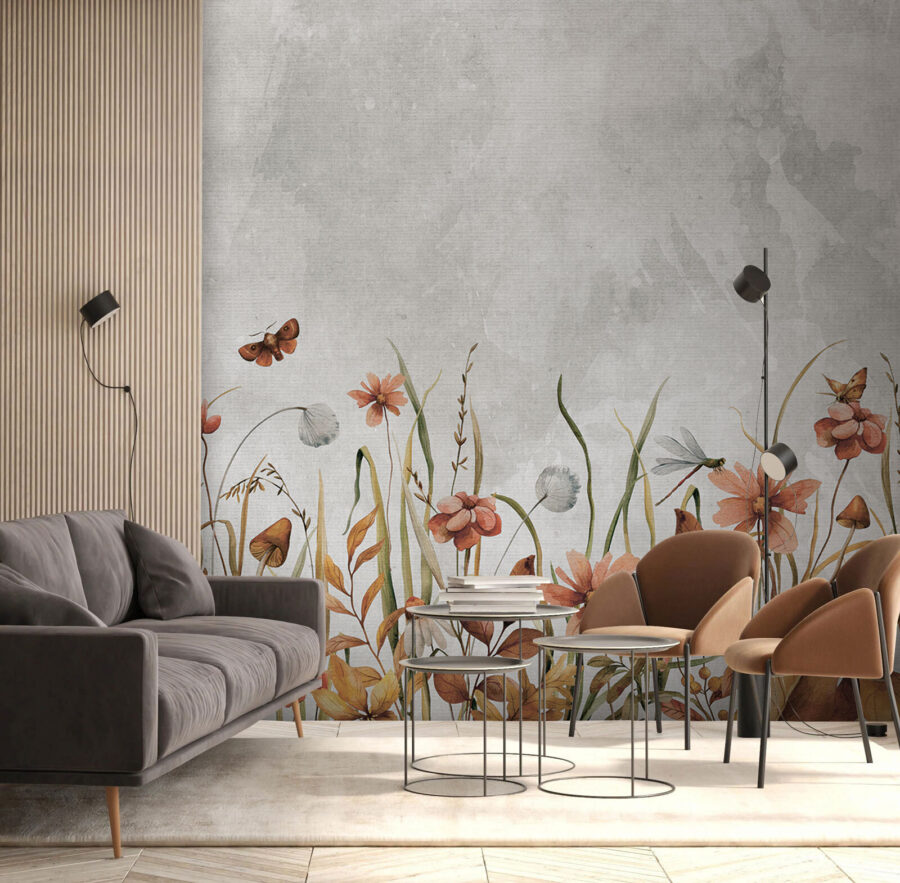 Pintura de flores e relva