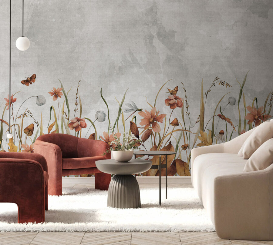Pintura de flores e relva
