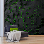 Um hexágono preto com luzes verdes Papel de parede Um hexágono preto com luzes verdes