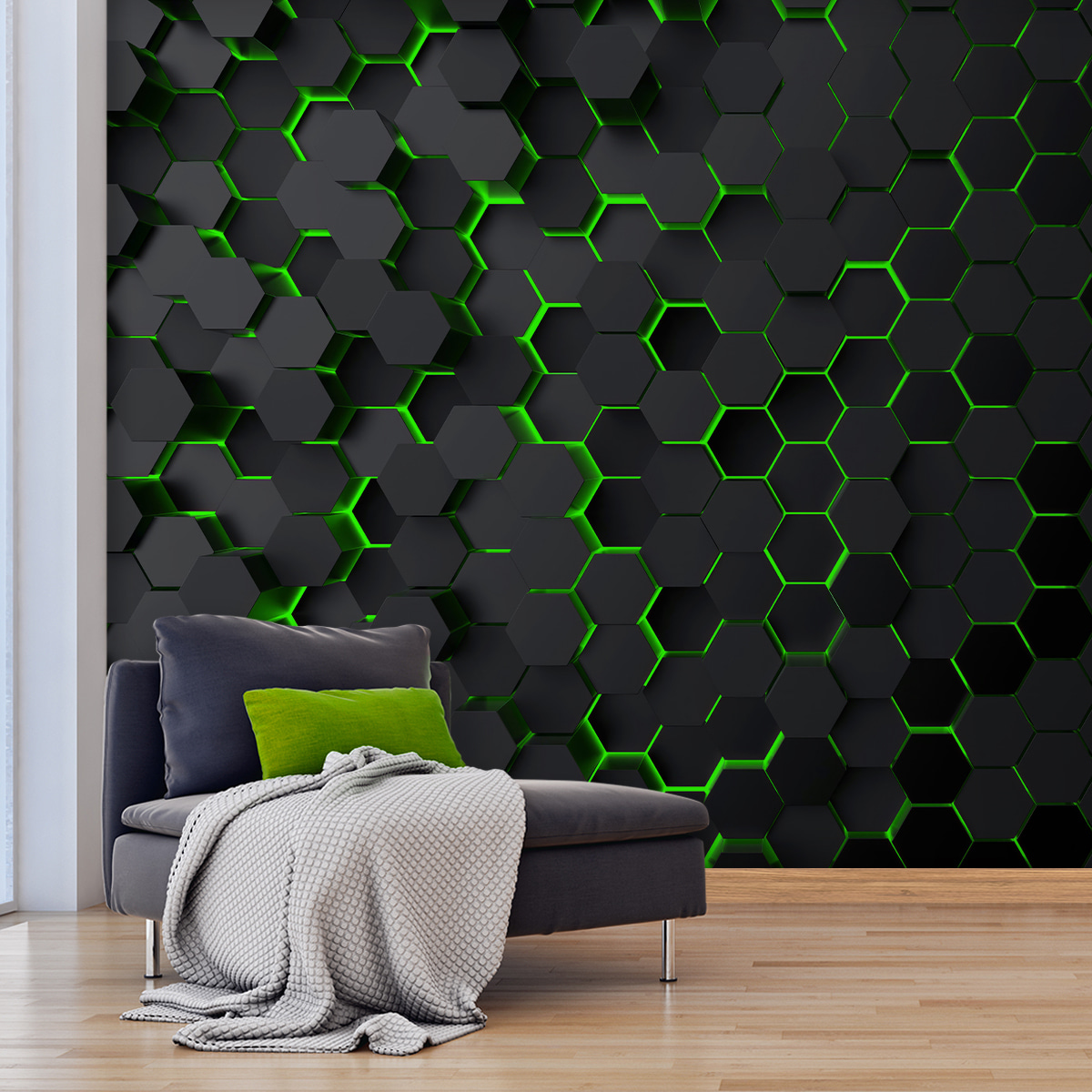 A black hexagons with green lights