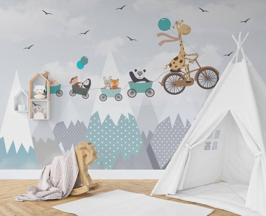 Papel de parede Girafa a andar de bicicleta com um comboio e animais