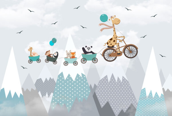Girafa a andar de bicicleta com um comboio e animais Girafa a andar de bicicleta com um comboio e animais