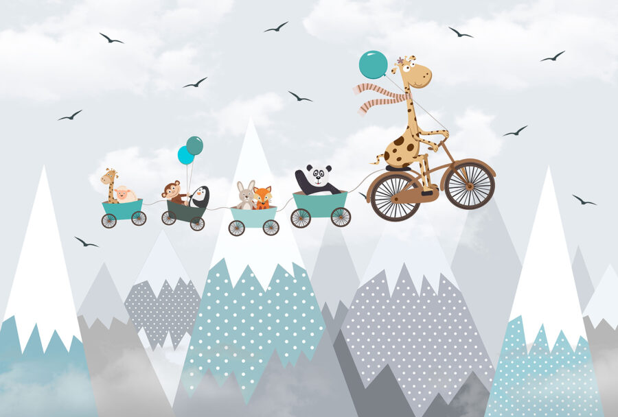 Papel de parede Girafa a andar de bicicleta com um comboio e animais - Image 4
