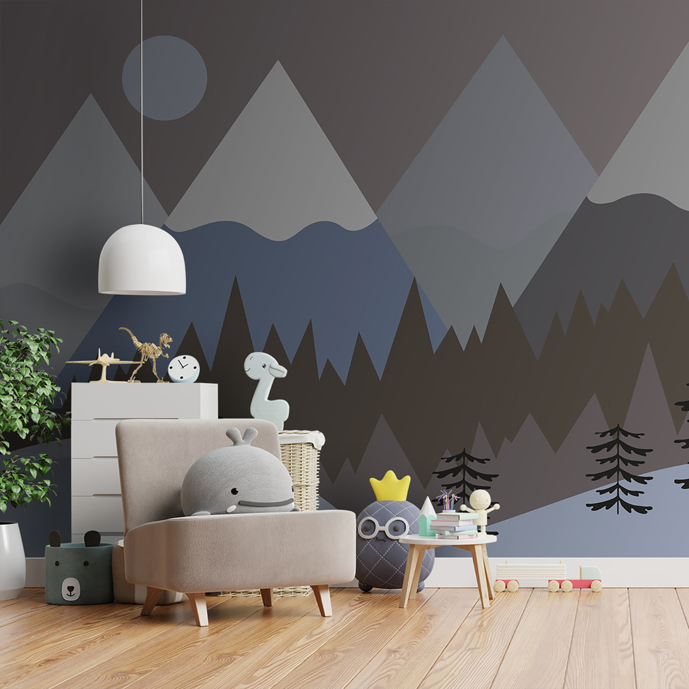 A mountain landscape with trees and snow