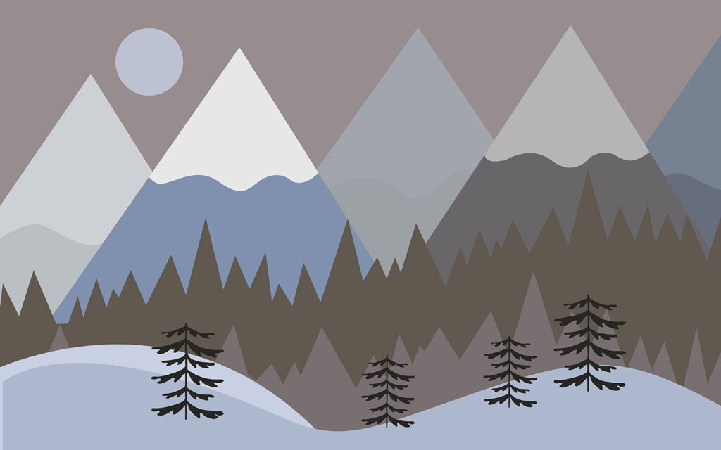 Uma paisagem de montanha com árvores e neve Uma paisagem de montanha com árvores e neve