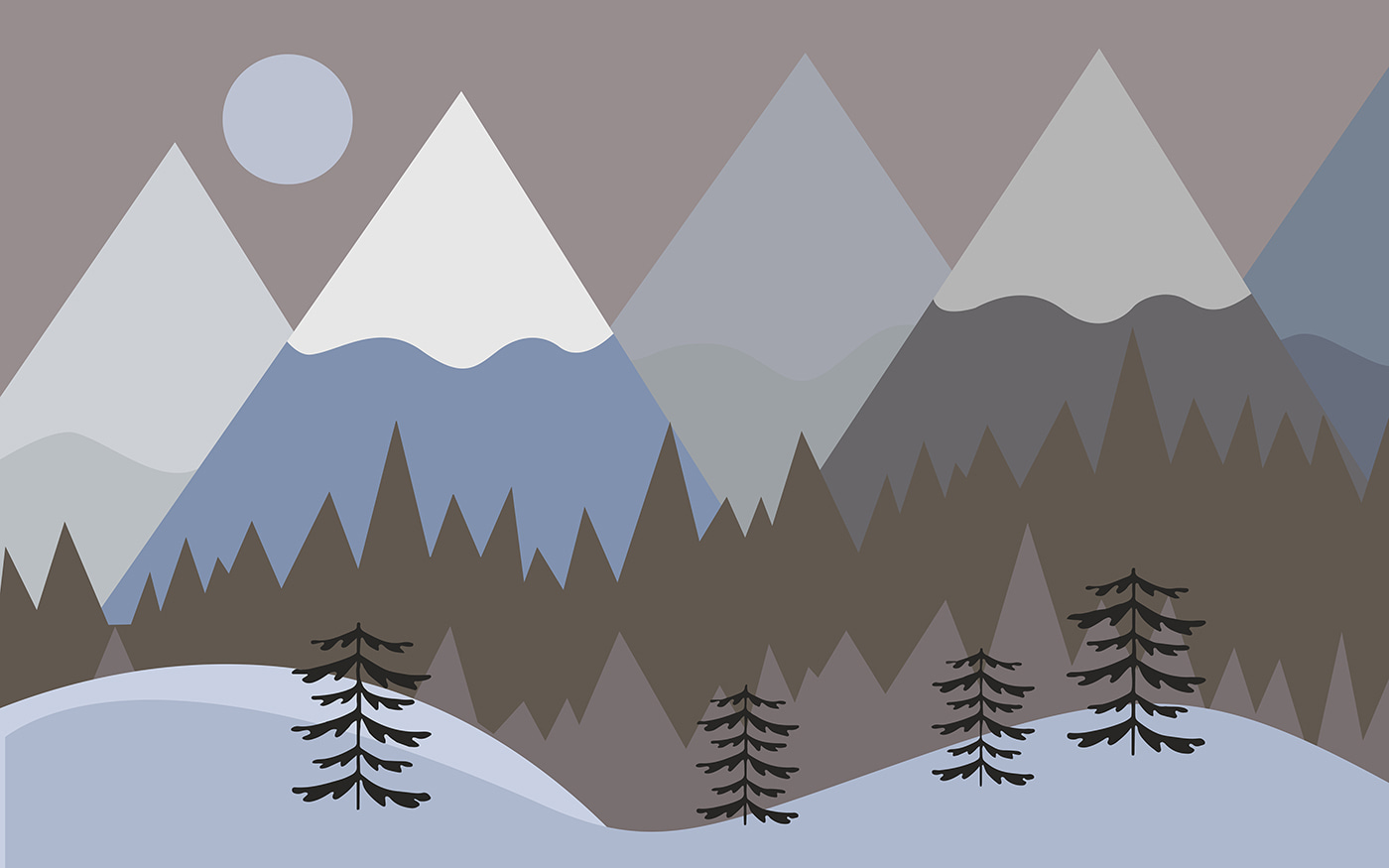 A mountain landscape with trees and snow