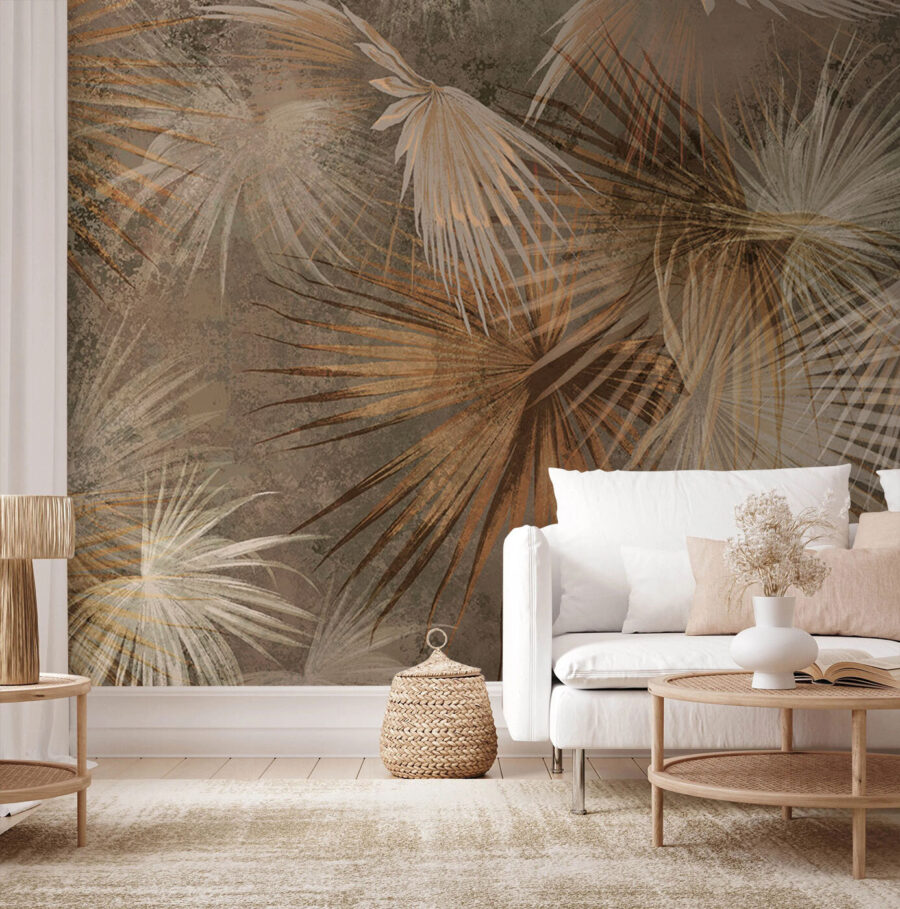 Folhas tropicais em tons de terra.