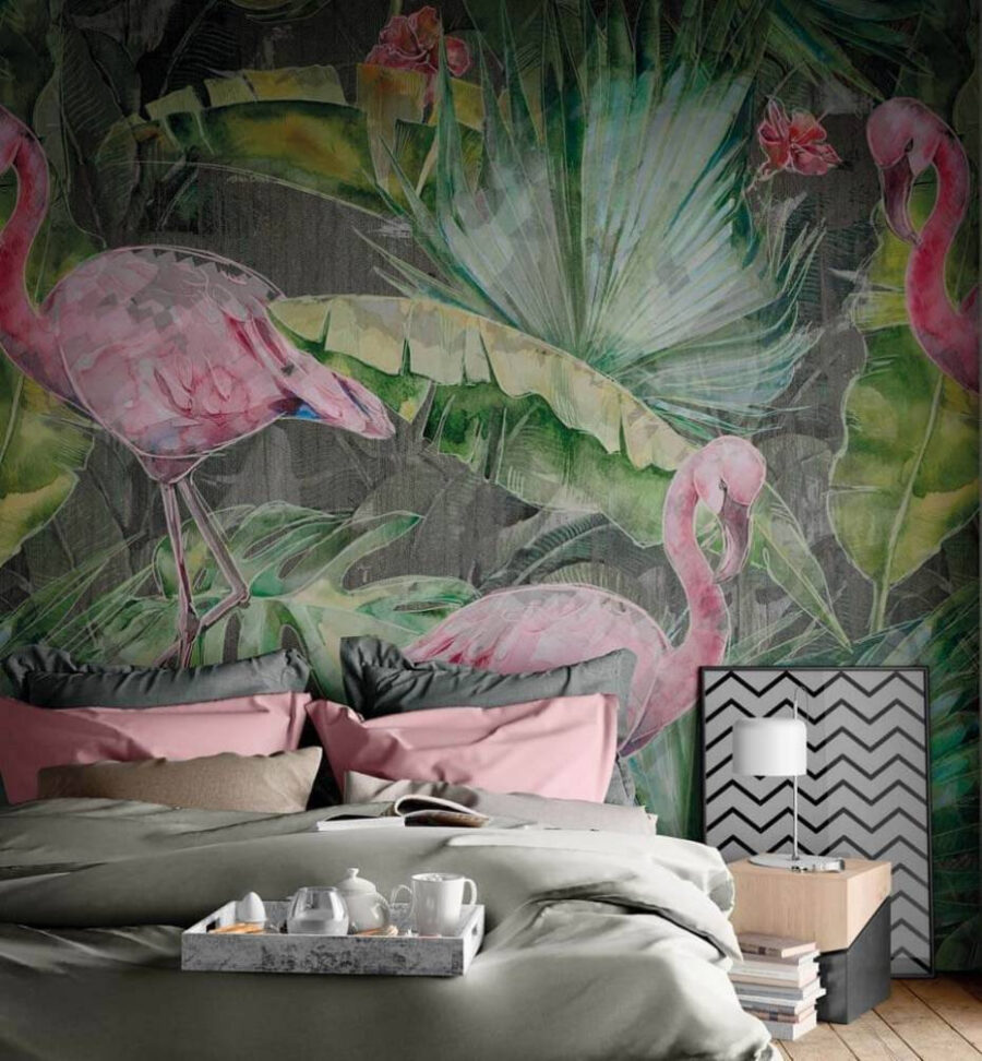 Flamingo cor-de-rosa e folhas verdes