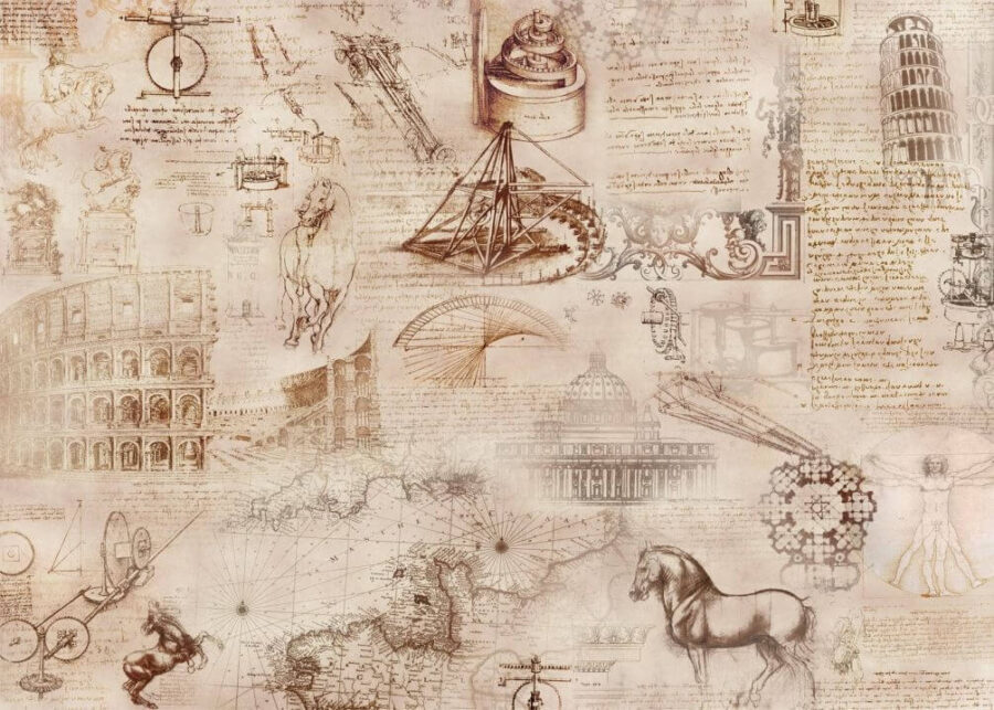 Colagem de ilustrações e esboços históricos.