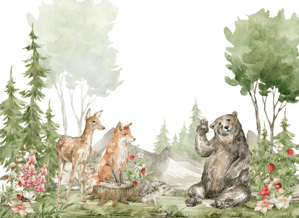 Pintura a aguarela de animais na floresta Pintura a aguarela de animais na floresta
