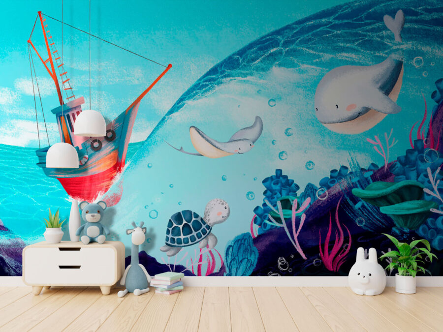 Desenho animado de um barco e de animais marinhos