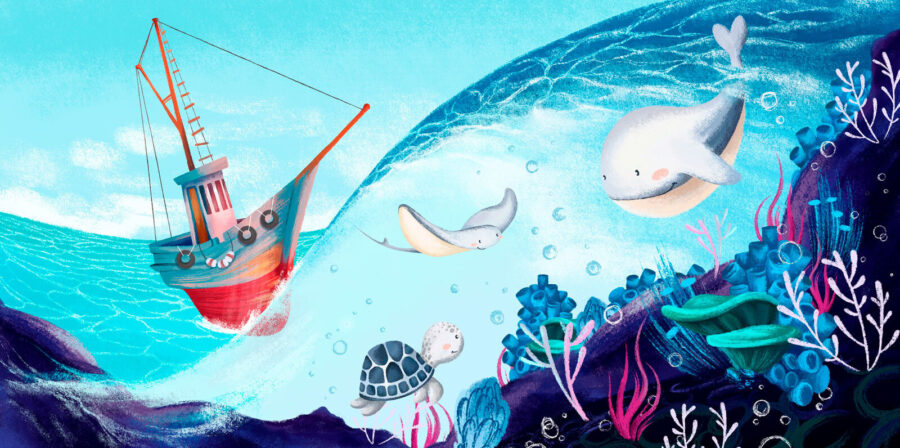 Desenho animado de um barco e de animais marinhos