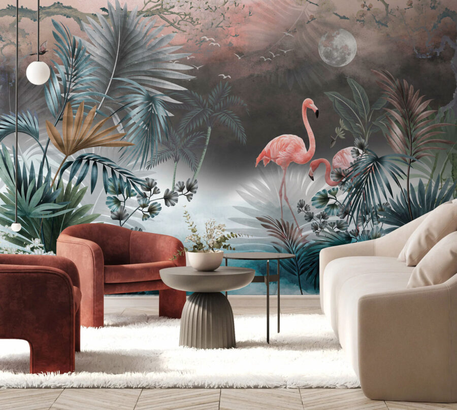 Pintura de flamingos e plantas