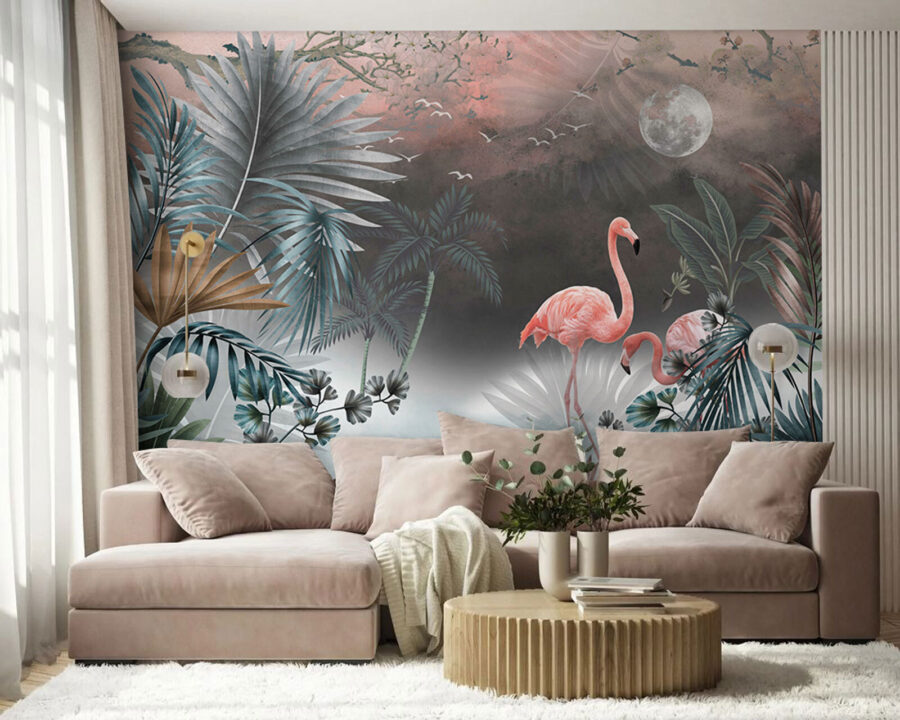 Pintura de flamingos e plantas