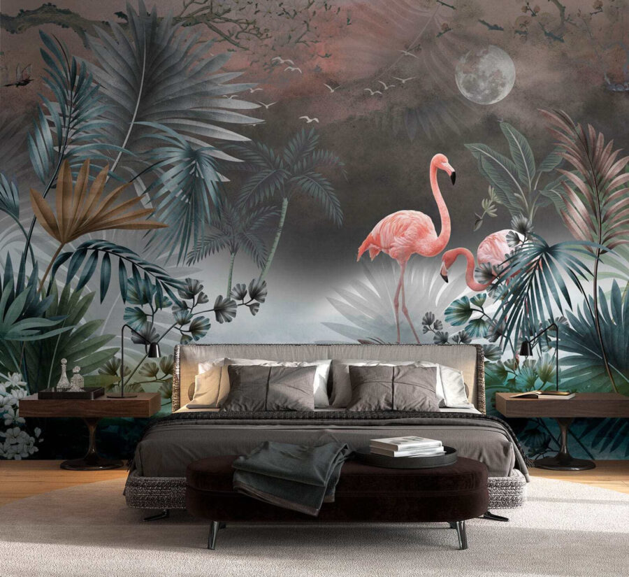 Pintura de flamingos e plantas
