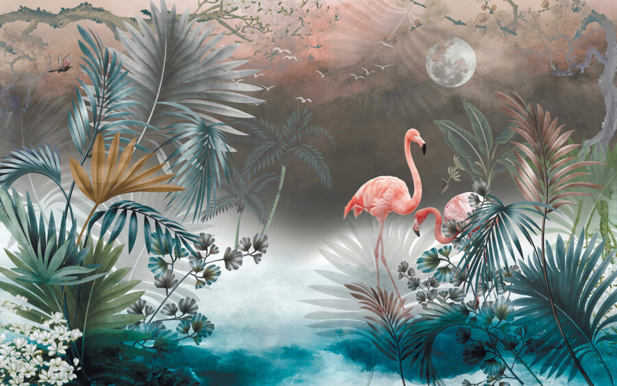 Pintura de flamingos e plantas