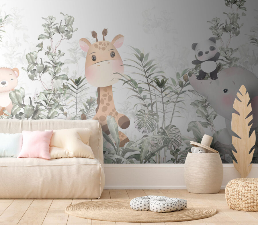 Girafa e panda numa floresta