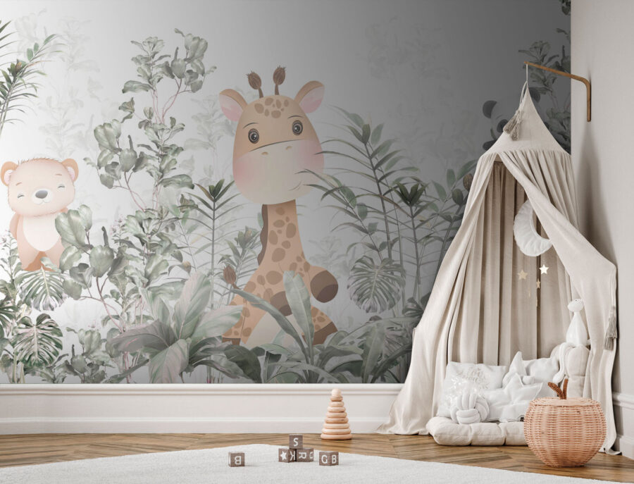 Girafa e panda numa floresta