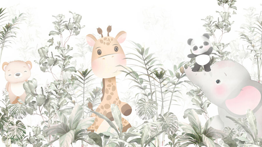 Girafa e panda numa floresta
