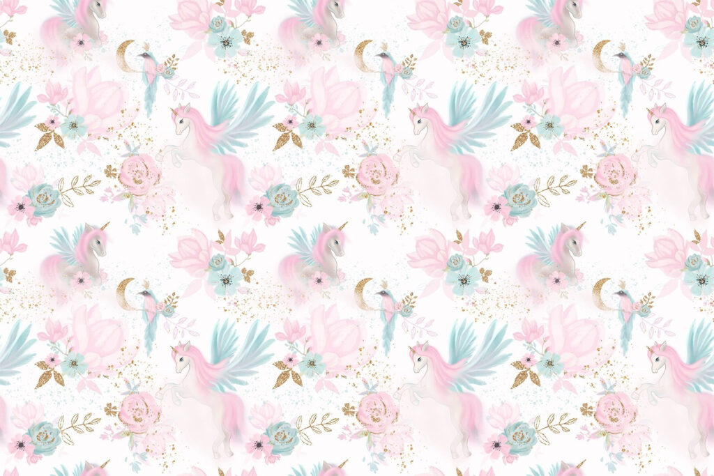 Padrão de unicórnios e flores cor-de-rosa e azuis Padrão de unicórnios e flores cor-de-rosa e azuis