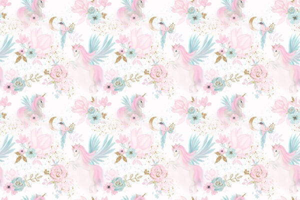 Padrão de unicórnios e flores cor-de-rosa e azuis Padrão de unicórnios e flores cor-de-rosa e azuis