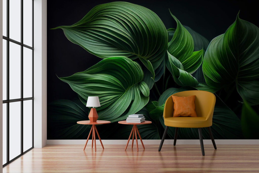 Lush green leaves in serene darkness