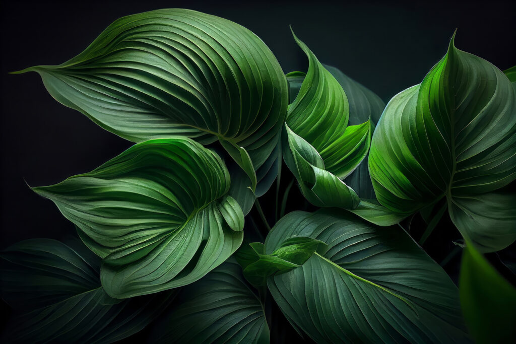 Folhas verdes exuberantes numa escuridão serena. Folhas verdes exuberantes numa escuridão serena.