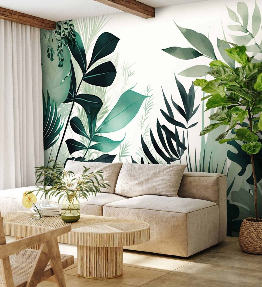 Folhas verdes exuberantes em tons suaves.