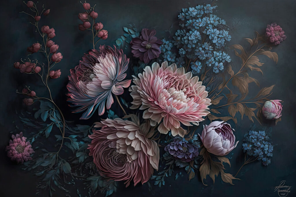 Pintura de flores sobre um fundo escuro Pintura de flores sobre um fundo escuro