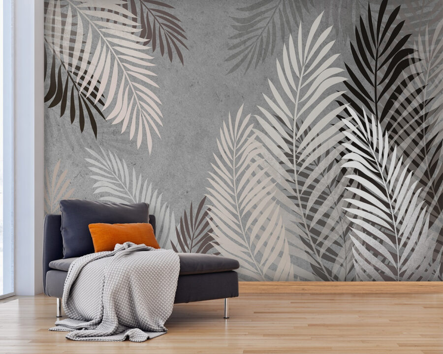 Papel de parede Padrão de folhas cinzento e branco - Image 2