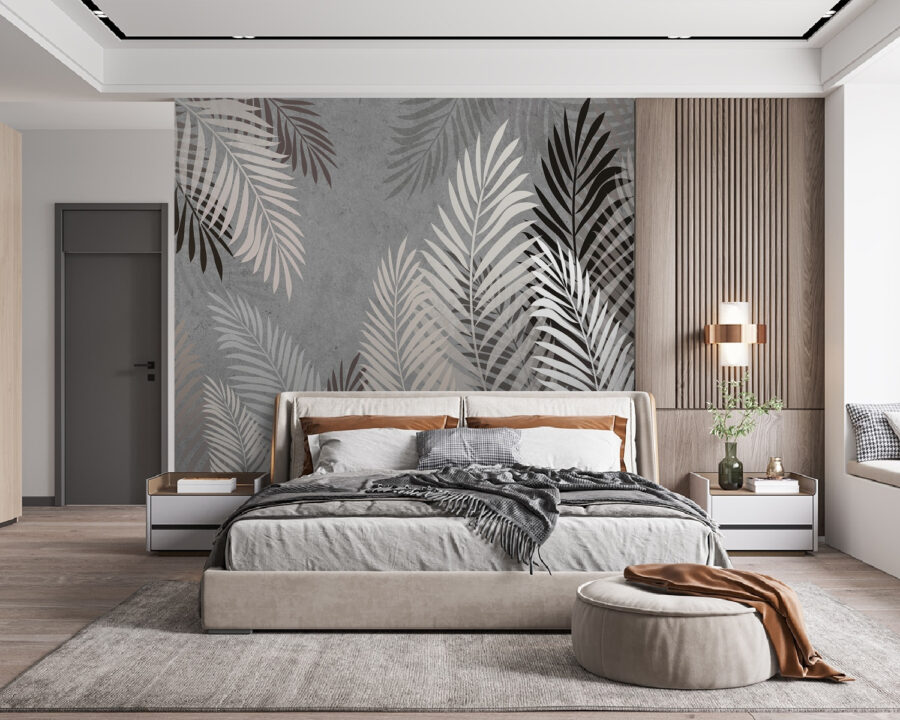 Papel de parede Padrão de folhas cinzento e branco