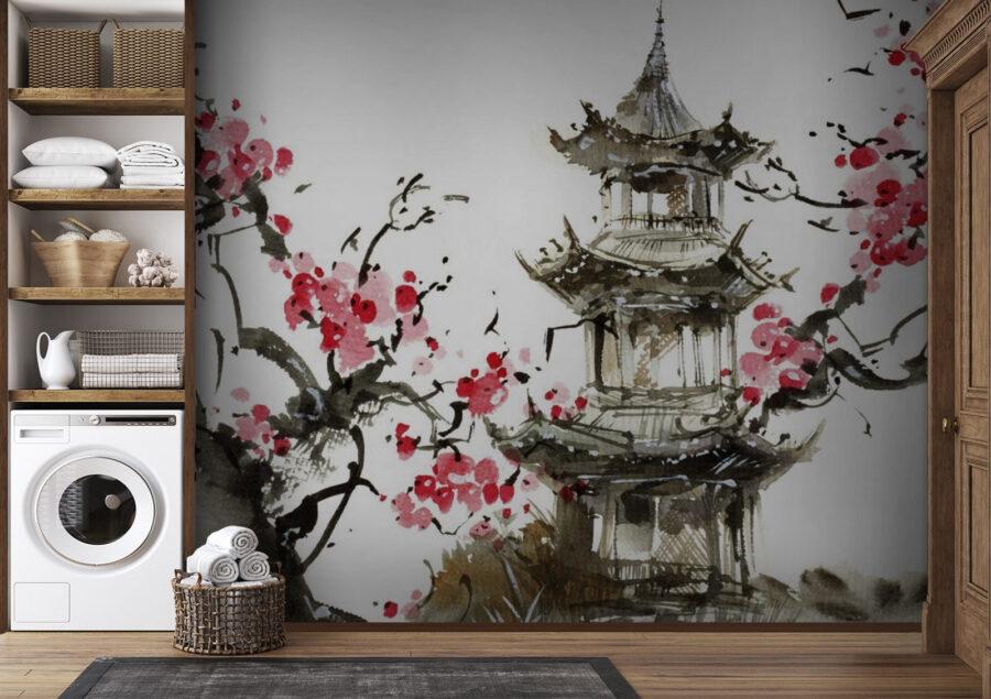 Pintura de um pagode e de flores de cerejeira