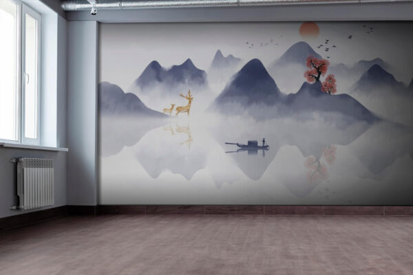Pintura de um barco numa montanha com árvores e montanhas em fundo Pintura de um barco numa montanha com árvores e montanhas em fundo