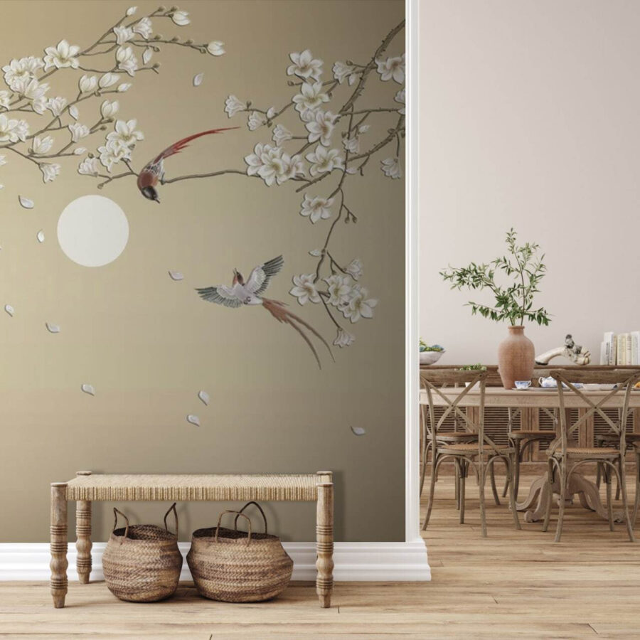 Papel de parede Árvore com flores brancas e pássaros - Image 3