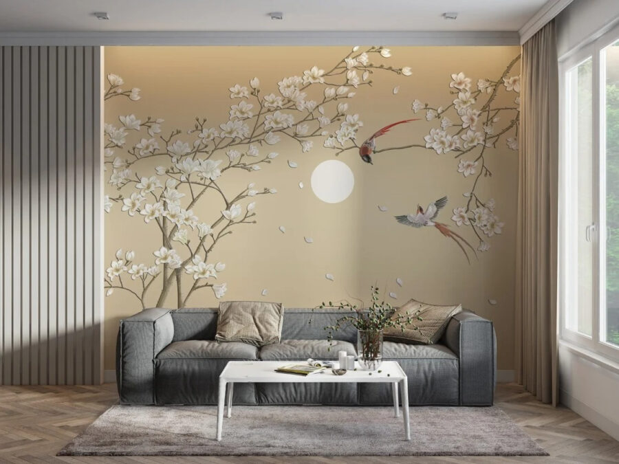 Papel de parede Árvore com flores brancas e pássaros
