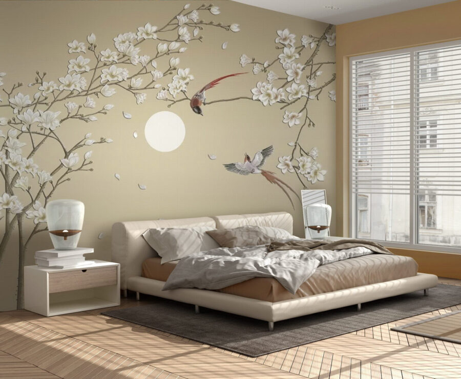 Papel de parede Árvore com flores brancas e pássaros - Image 2
