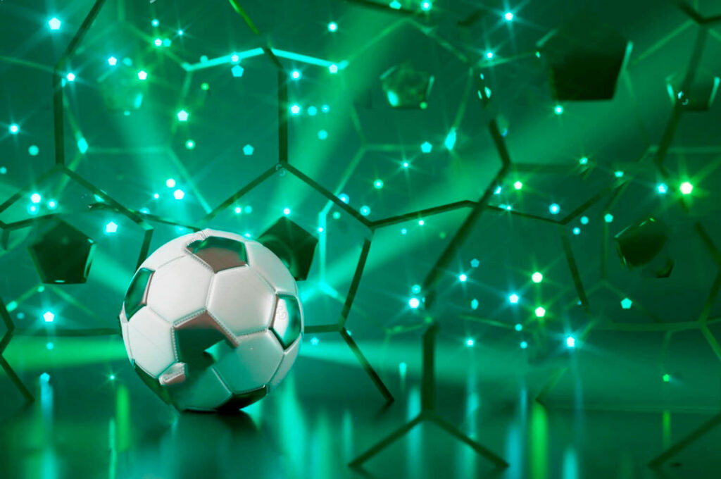 Bola de futebol sobre uma superfície reflectora Bola de futebol sobre uma superfície reflectora