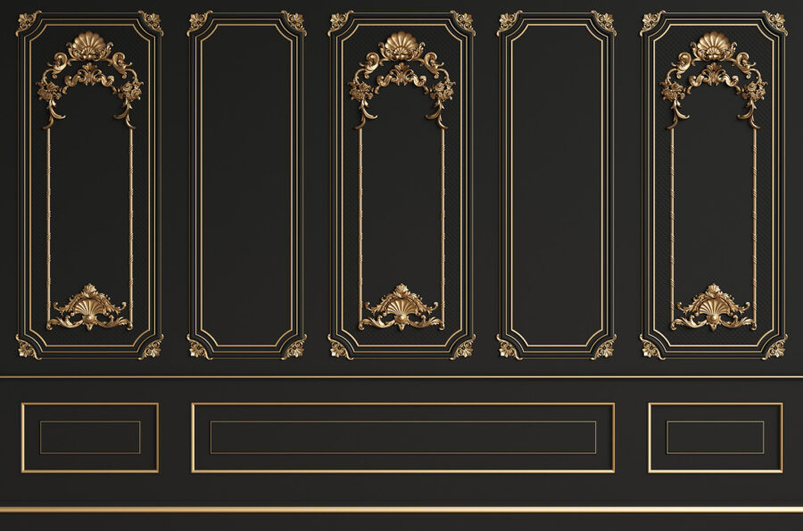 Painéis pretos elegantes com detalhes ornamentados.