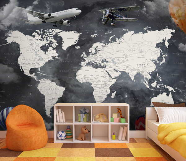 Mapa do mundo com aviões e balões de ar quente Mapa do mundo com aviões e balões de ar quente