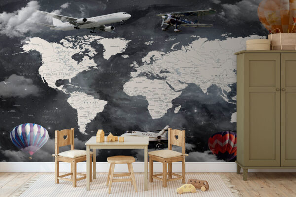 Mapa do mundo com aviões e balões de ar quente Mapa do mundo com aviões e balões de ar quente