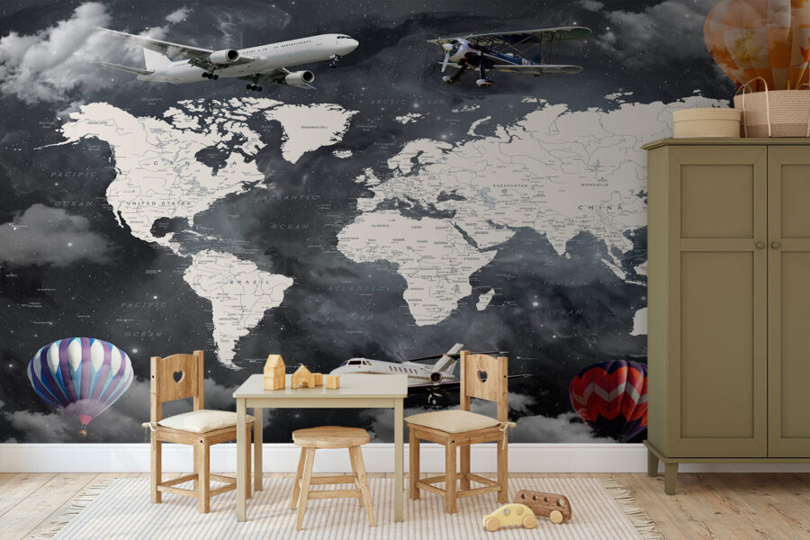 Mapa do mundo com aviões e balões de ar quente