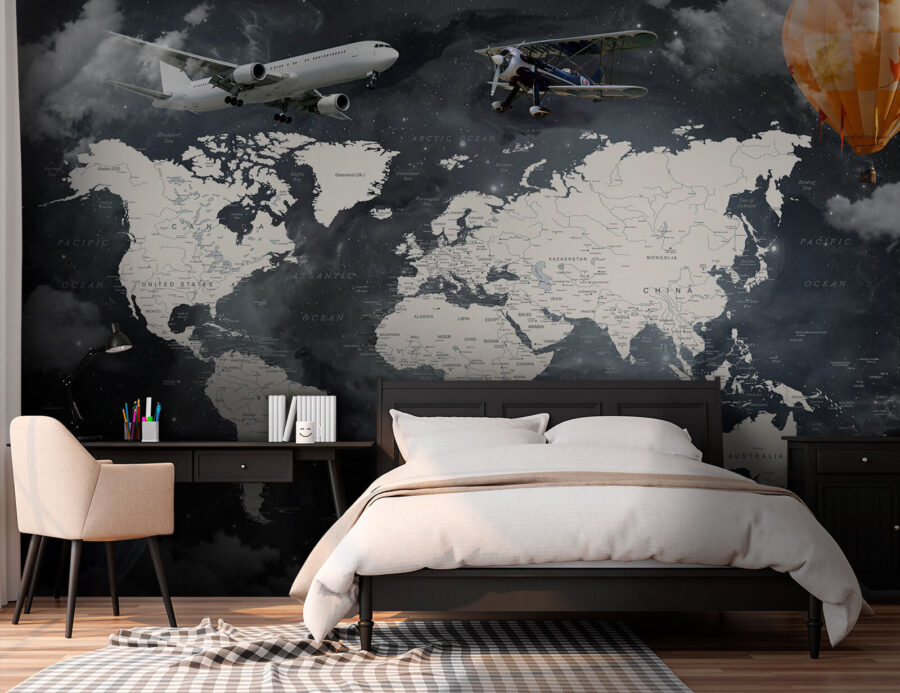 Mapa do mundo com aviões e balões de ar quente