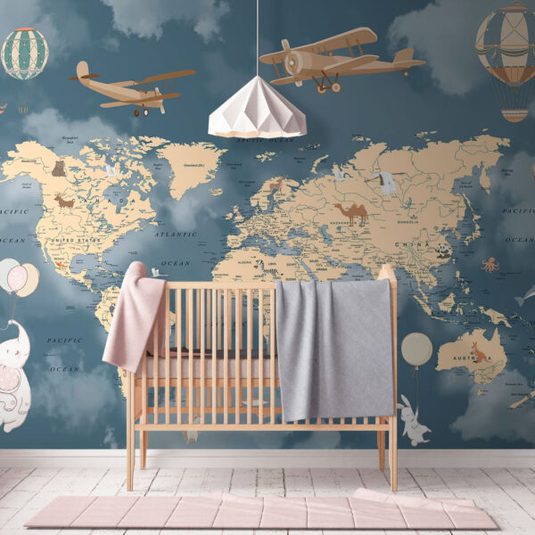 Mapa do mundo com aviões e balões Mapa do mundo com aviões e balões