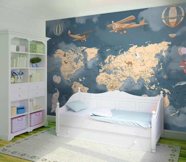 Mapa do mundo com aviões e balões Mapa do mundo com aviões e balões