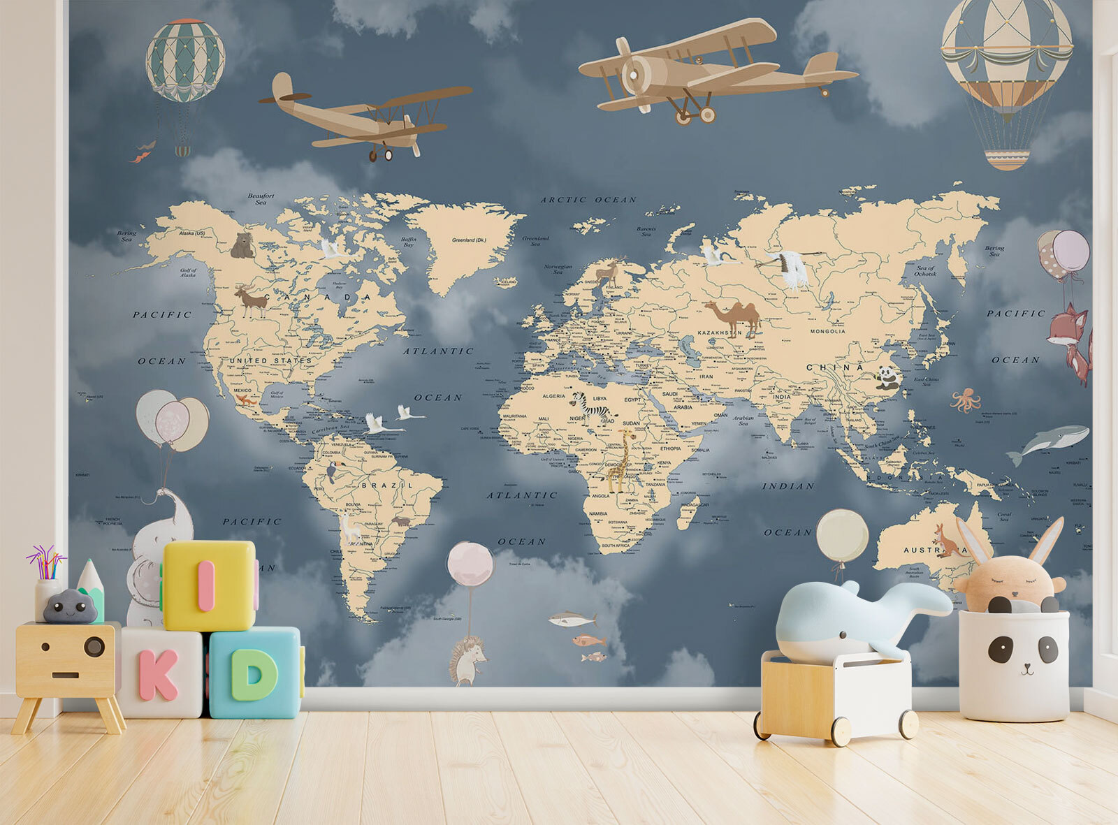 Map of the world with airplanes and balloons Map of the world with airplanes and balloons