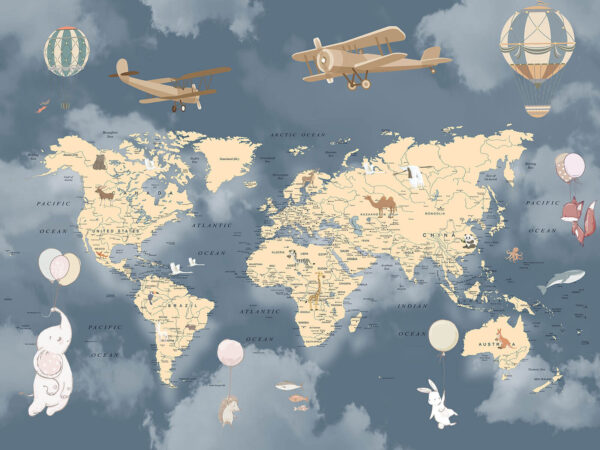 Mapa do mundo com aviões e balões Mapa do mundo com aviões e balões