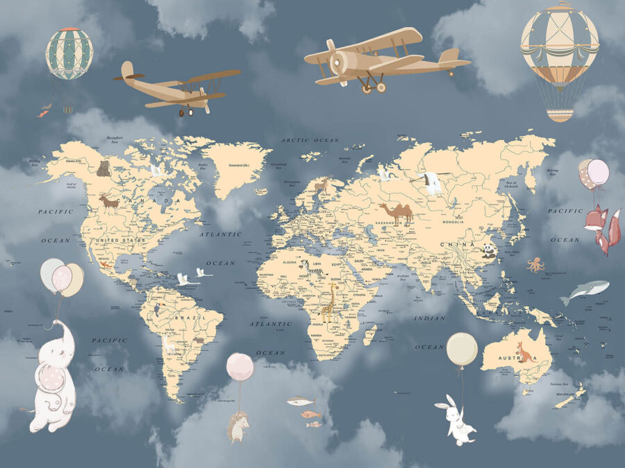 Mapa do mundo com aviões e balões