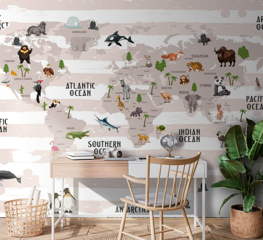 Papel de parede Mapa do mundo com animais - Image 3