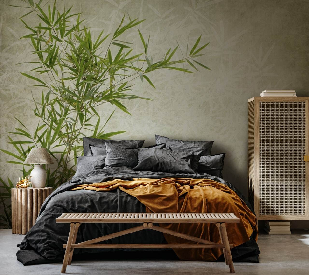 Lush bamboo against a textured background