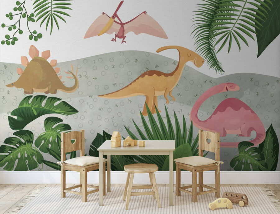 Grupo de dinossauros com folhas Grupo de dinossauros com folhas